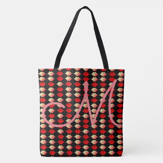 Tote Bag motif transparent des lèvres rougeâtres avec initi (Devant)