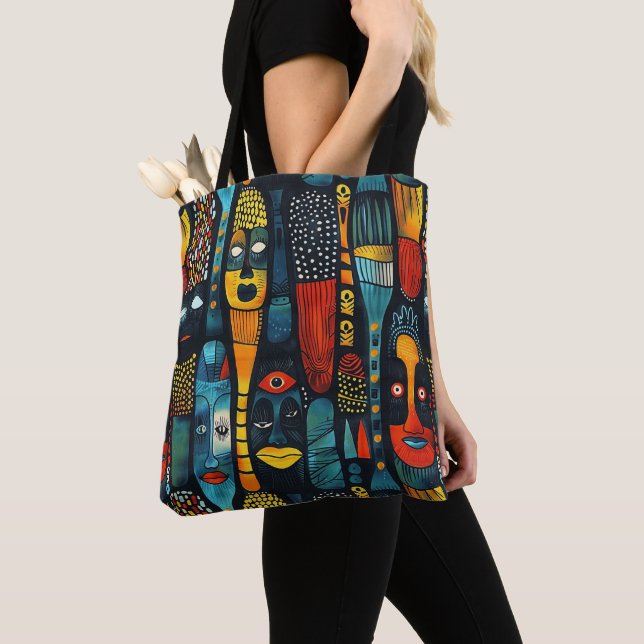 Tote Bag Motif tribal africain avec idoles. (De près)