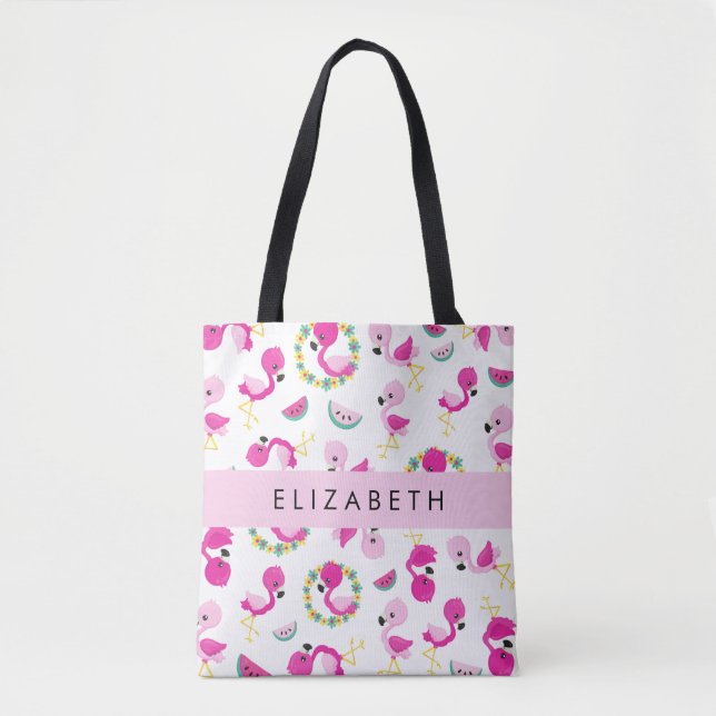 Tote Bag Motif tropical, Flamants roses, Fleurs, Votre Nom (Devant)