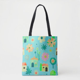 Tote Bag Motif Village Floral Fantaisiste