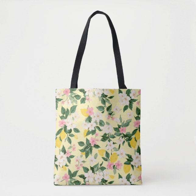 Tote Bag Motif vintage citron et fleurs sur jaune (Devant)