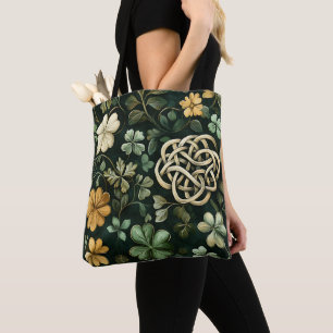 TOTE BAG MOTIFS DE NOEUDS CELTIQUES IRLANDAIS VERTS ET OR