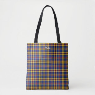 Tote Bag Murtaugh Clan Tartan Monogramme bleu et or plaid