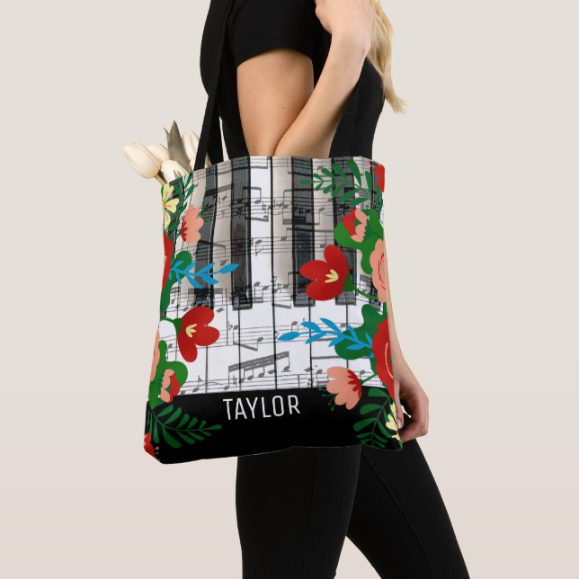 Tote Bag musique florale boho nom personnalisé (De près)