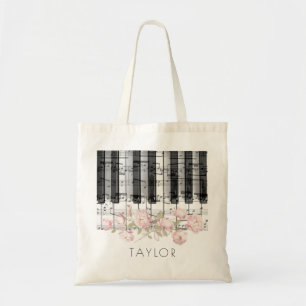Tote Bag musique piano pivoines roses nom