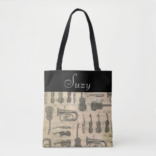 Tote Bag Musique vintage Note Motif Guitare Violon Tuba Tot