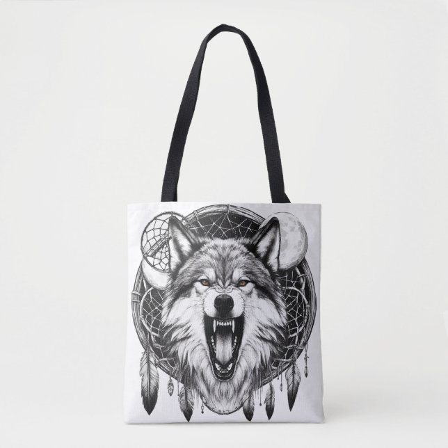 Tote Bag Mystic Moon Howler - Dreamcatcher Wolf Art (Devant)