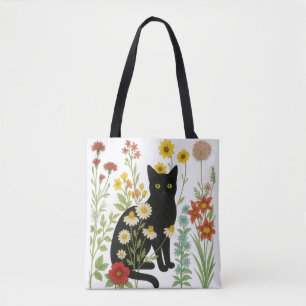 Tote Bag Nature botanique – Chat noir dans un jardin de fle