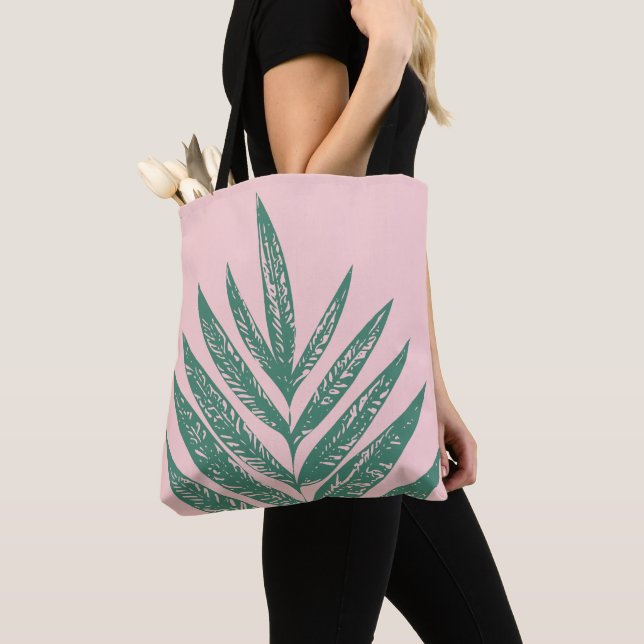Tote Bag Nature botanique Illustration tropicale rose vert (De près)