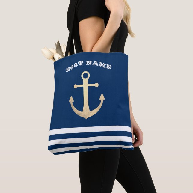 Tote Bag Nautical, Gold Anchor Navy Blue Striped (De près)
