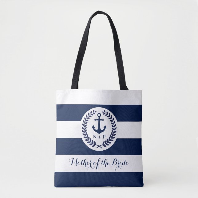 Tote Bag Nautical Navy Stripe Wedding Party Customisé (Devant)