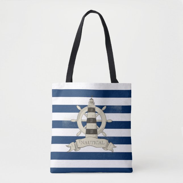 Tote Bag Nautique, Bateau Roue, Bleu et Blancs (Devant)