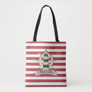 Tote Bag Nautique, Roue de bateau, Bandes rouges et blanche