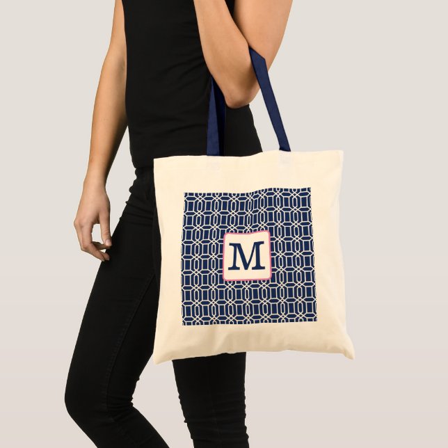 Tote Bag Navy Blanc Géométrique Monogramme Octogone Prépa  (Devant (produit))