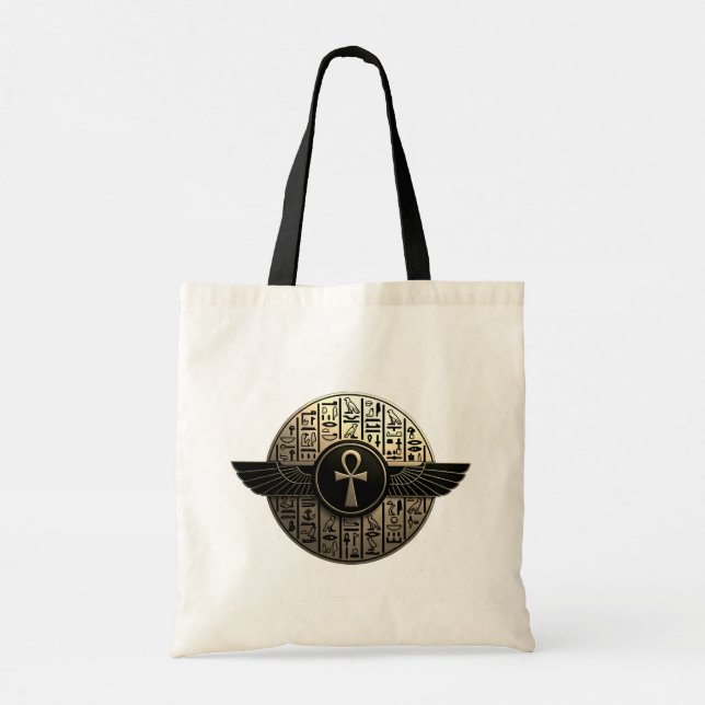 Tote Bag NeoAnkh 3D Golden Winged Ankh & Hieroglyphs (Dos)