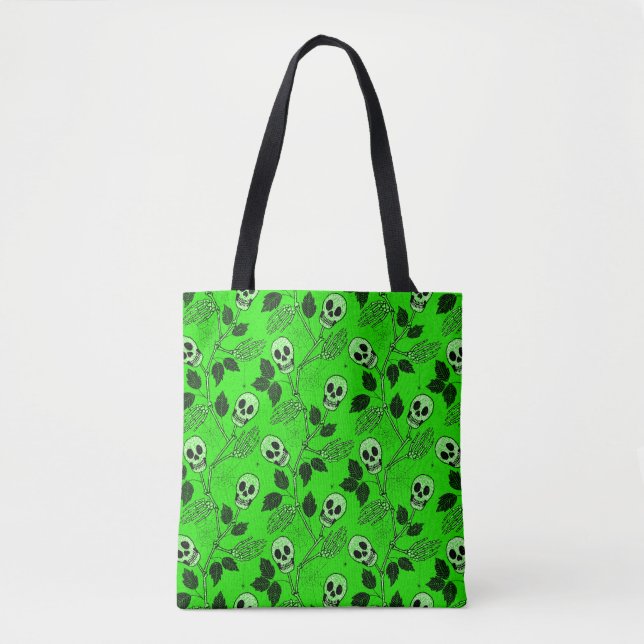 Tote Bag Neon Green Floral Gothic Skull  (Devant)