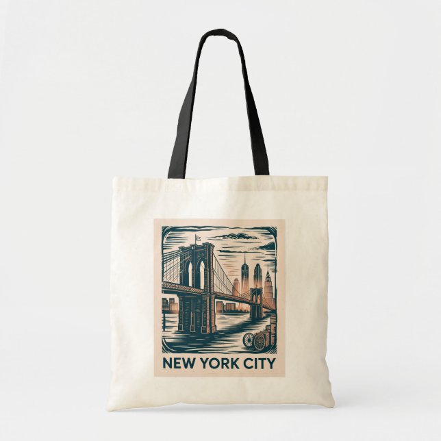 Tote Bag New York City Brooklyn Bridge Bold Retro Skyline (Devant)