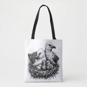 Tote Bag Nid de famille d'oiseaux – Illustration à l'encre 