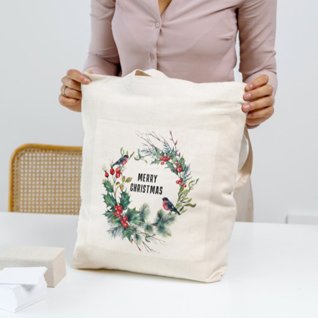 Tote Bag Noël Berries Wreath Joyeux Noël Typographie (Créateur téléchargé)