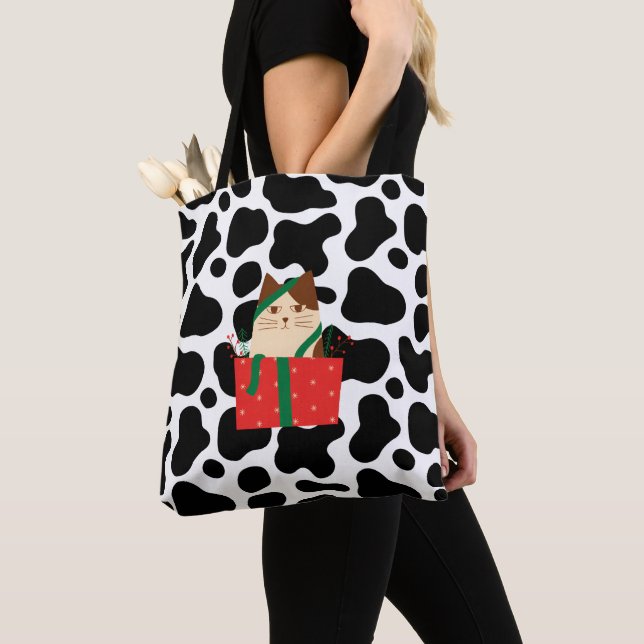 Tote Bag Noël Chat noir et blanc Motif Carré (De près)