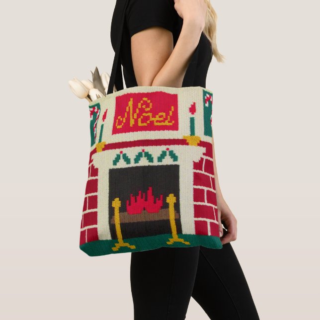 Tote Bag Noel Cheminée de Noël Crochet Artistique Imprimer (De près)