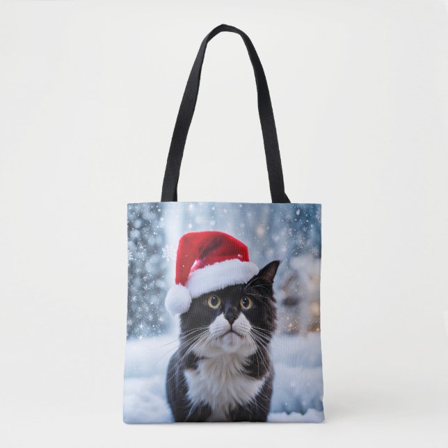 Tote Bag Noël du chat noir et blanc (Devant)