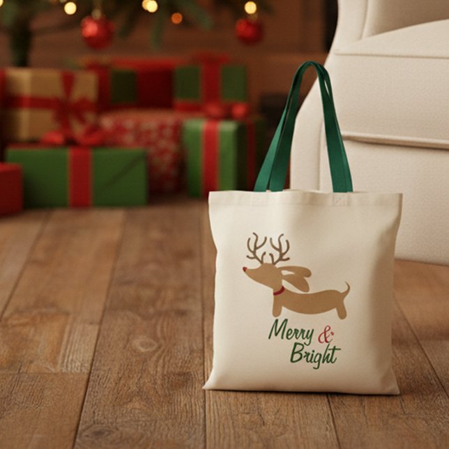 Tote Bag Noël Fourre-tout de teckel de renne Joyeux et (Merry & Bright Dachshund Christmas tote bag for gifting)