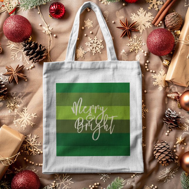 Tote Bag Noël Green Stripes Joyeux et Lumineux vacances (Créateur téléchargé)