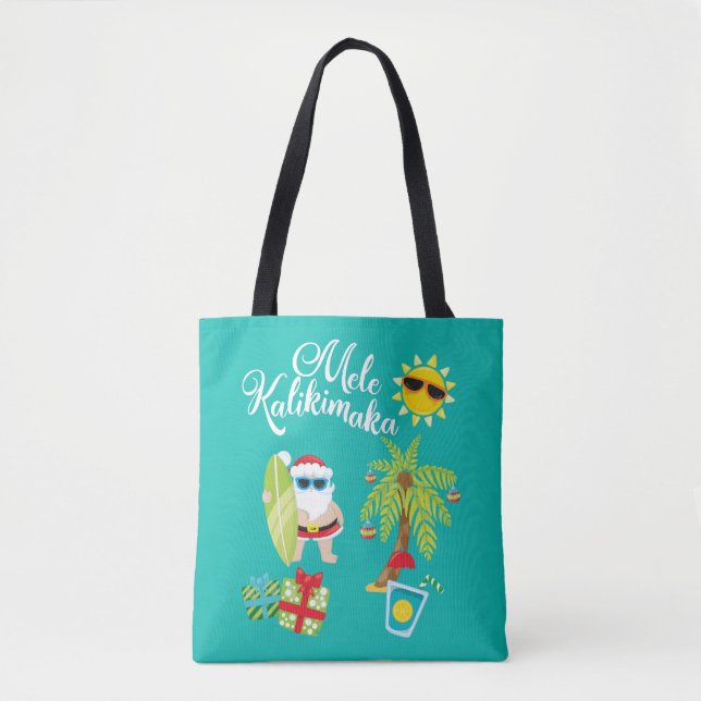 Tote Bag Noël hawaïen. Le père noël Mele Kalikimaka. (Devant)