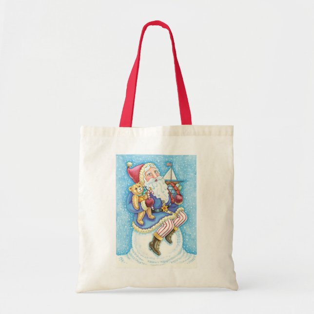 Tote Bag Noël mignon, le Père Noël sur Snowball avec jouets (Devant)