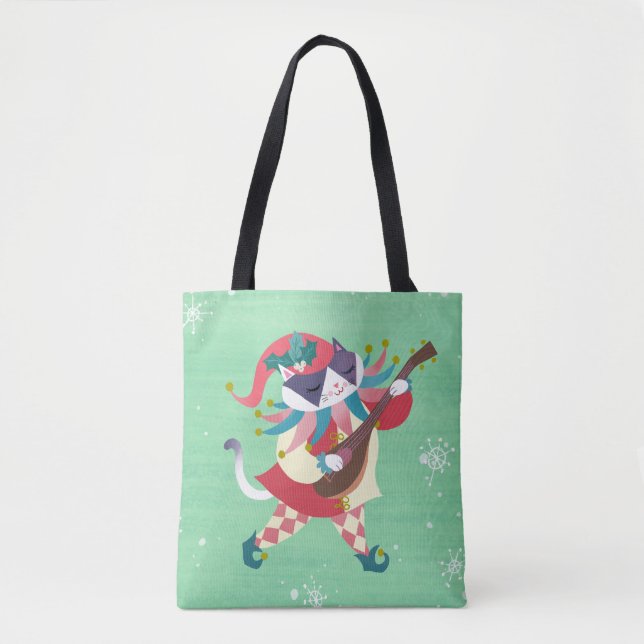 Tote Bag Noël Musique Elfe Chat Vert (Devant)