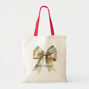 Tote Bag Noel Rustique Blanc Vert Or Bow Personnalisé