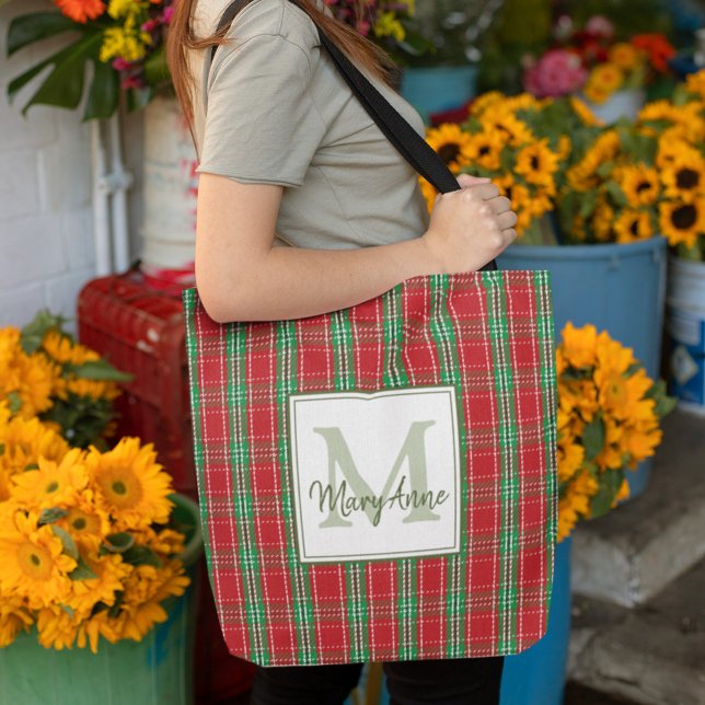 Tote Bag Noël Rustique Monogramme Rouge Vacances Plaid (Christmas red and green monogram tote bag.)