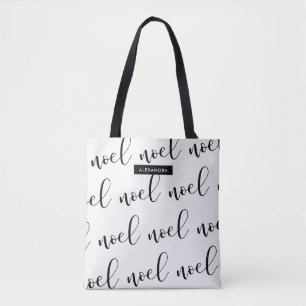 Tote Bag Noel Script de Noël noir et blanc avec nom