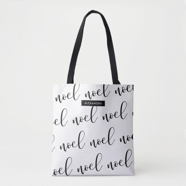 Tote Bag Noel| Script de Noël noir et blanc avec nom (Devant)