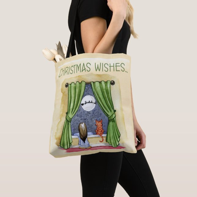 Tote Bag Noël Souhaite Mignonne Enfant & Kitty Chat Noël (De près)
