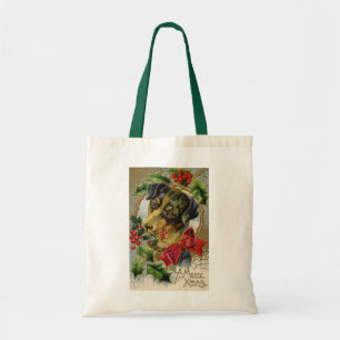 Tote Bag Noël vintage, Chien chiot de Dachshund avec Holly