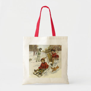 Tote Bag Noël vintage, enfants victoriens faisant de la lug