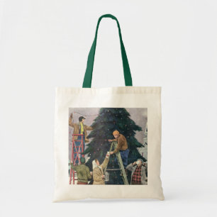 Tote Bag Noël vintage, famille accrochant des lumières sur