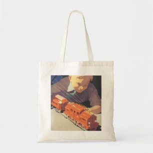 Tote Bag Noël vintage, garçon jouant avec des trains jouets