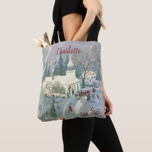 Tote Bag Noël vintage, gens allant à l'église dans la neige