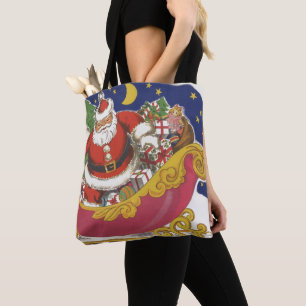 Tote Bag Noël Vintage, Jolly Santa Claus avec Sleigh
