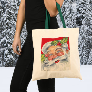 Tote Bag Noël vintage, joyeux Père Noël avec son chapeau