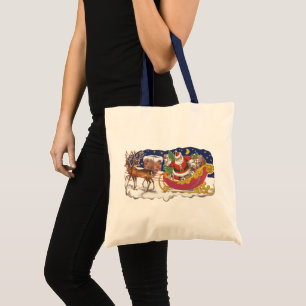 Tote Bag Noël vintage, joyeux Père Noël avec traîneau