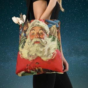Tote Bag Noël vintage, le Père Noël à Sleigh avec jouets