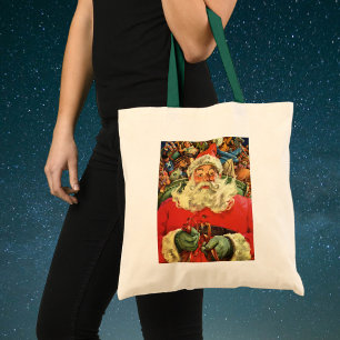 Tote Bag Noël vintage, le Père Noël à Sleigh avec jouets