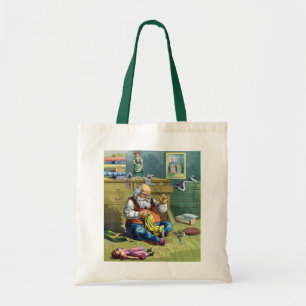 Tote Bag Noël vintage, le Père Noël fabriquant des poupées