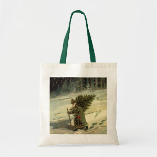 Tote Bag Noël vintage, le Père Noël porte un arbre