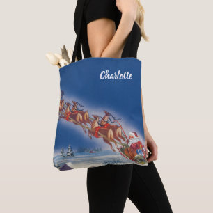 Tote Bag Noël vintage, le Père Noël volant avec son traînea
