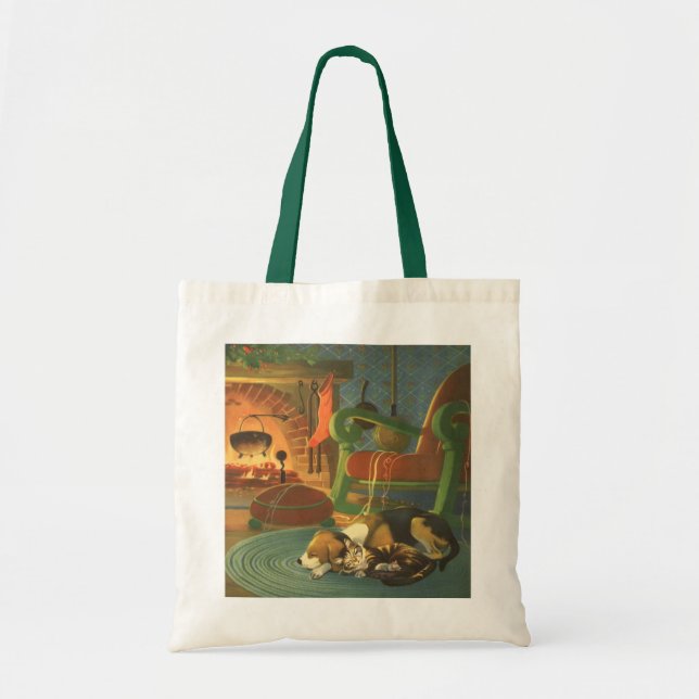 Tote Bag Noël Vintage, Les animaux dormant par cheminée (Devant)